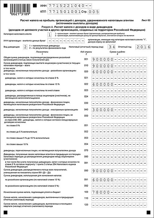 Образец заполнения Листа 03 декларации  по налогу на прибыль