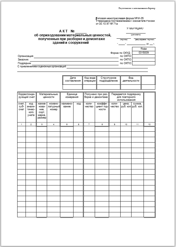 Акт об оприходовании материальных ценностей
