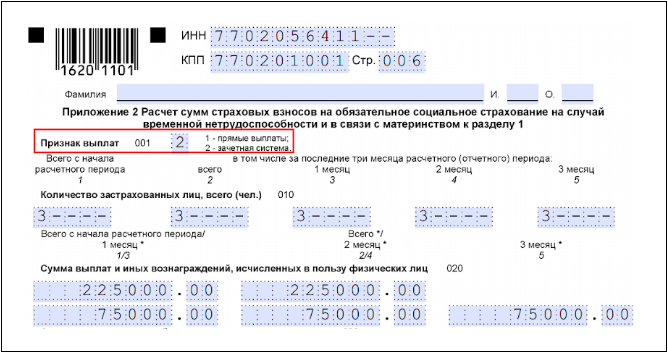 Образец заполнения признака выплат в расчете по страховым взносам