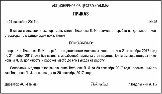 Отстранение от работы по медицинским показаниям кадровик ру